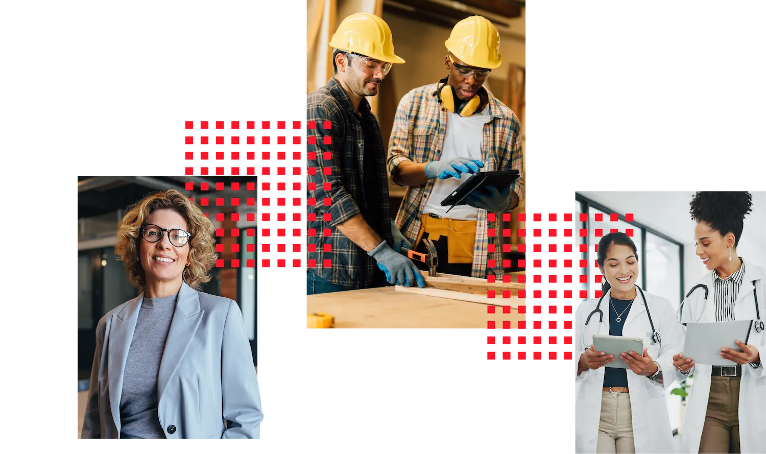Workplace scene: woman smiling at table with red squares.