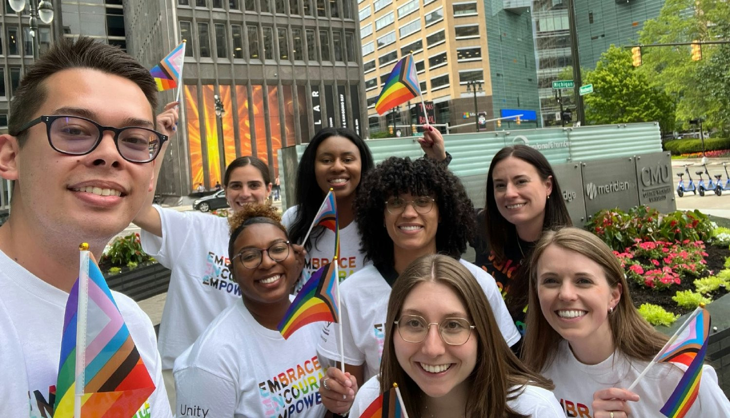 EY colleagues from our Detroit office show their support for the LGBTQ+ community at the STRIDE for PRIDE walk.
