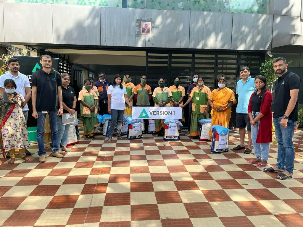 Employees donating and taking part in a blanket drive for the homeless in Bangalore.