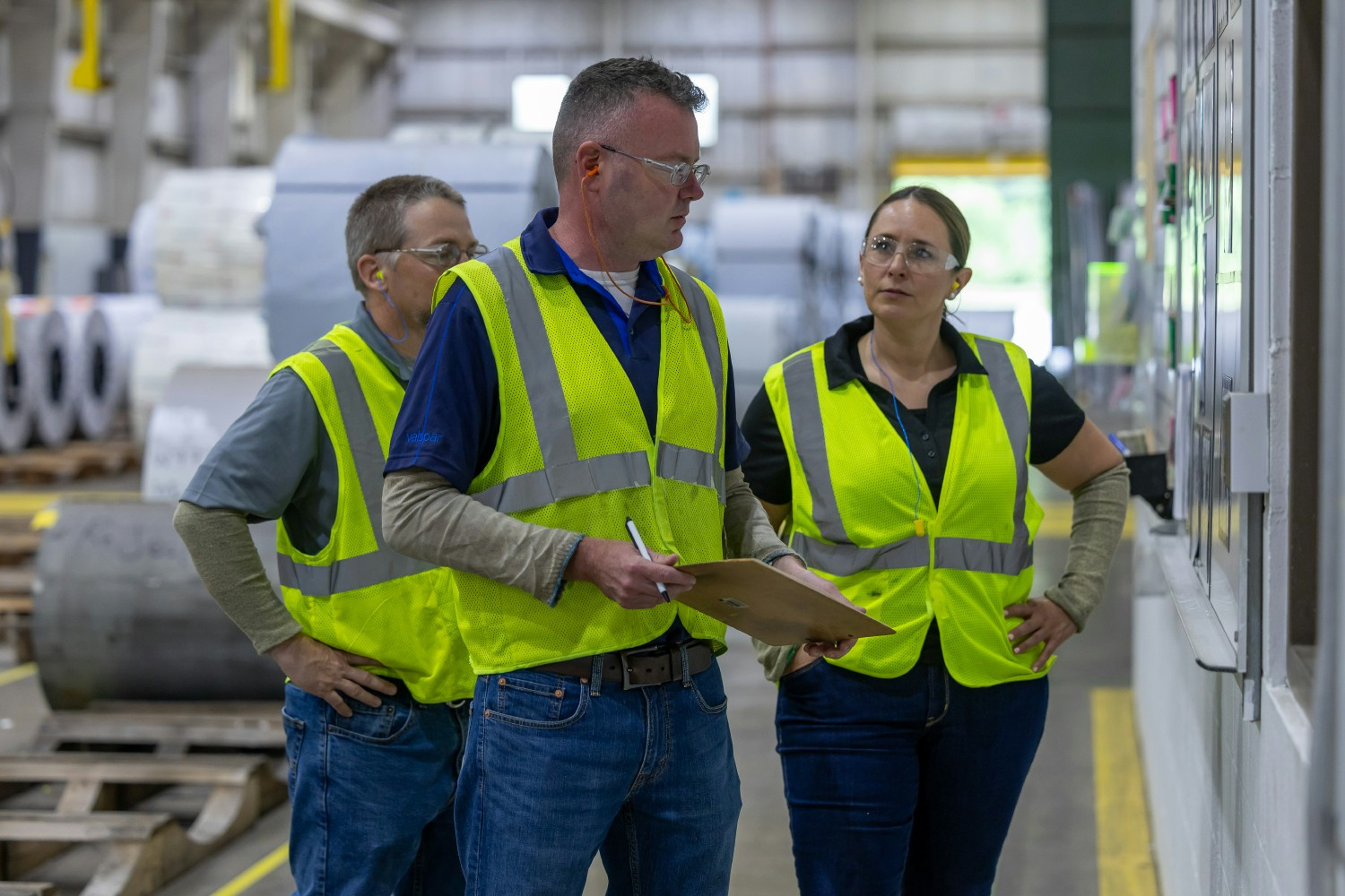 Westlake, Ohio plant manager Aimee Rodgers meets with her team to discuss updates during a daily walkaround at the plant