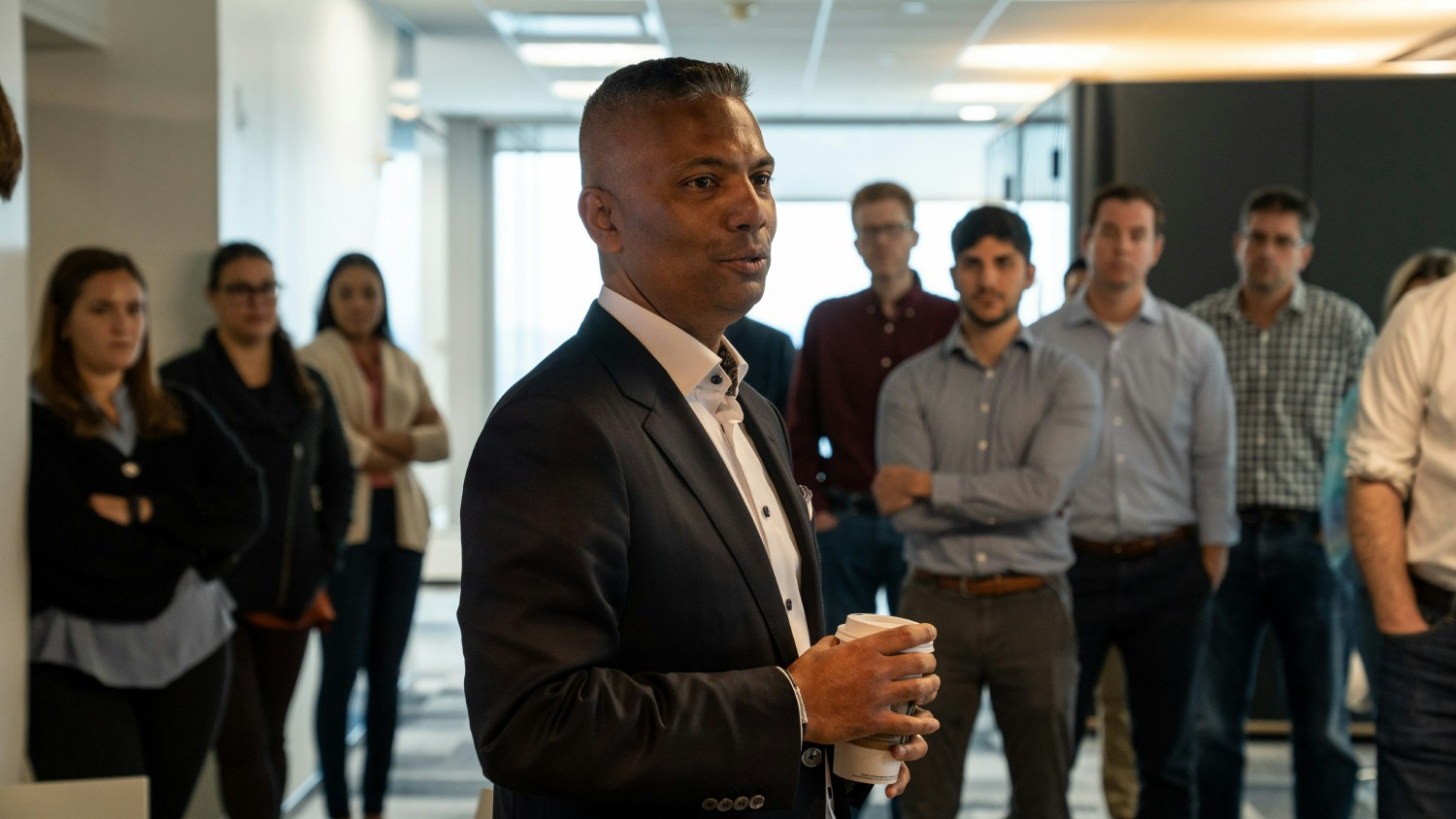 Chairman and CEO, Dennis Mathew, addresses employees at Optimum’s Long Island City, NY office 