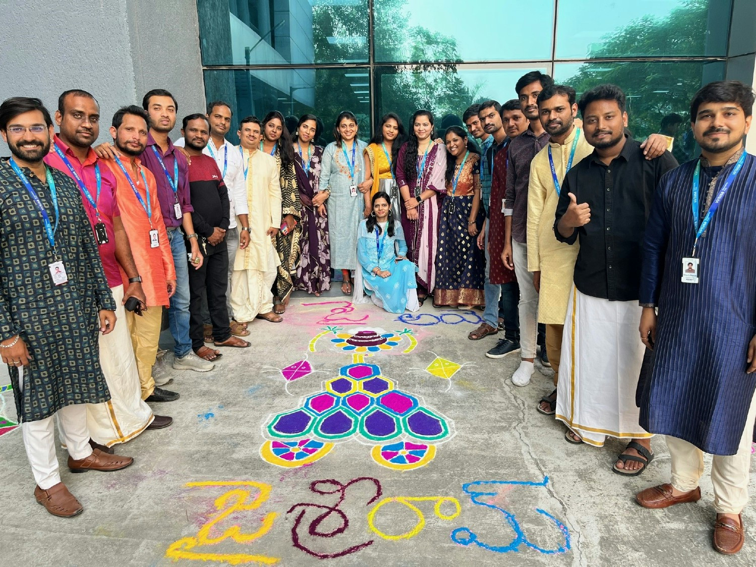 Makar Sankranti celebrations at the Hyderabad office featuring rangoli-making and kite-flying festival! 