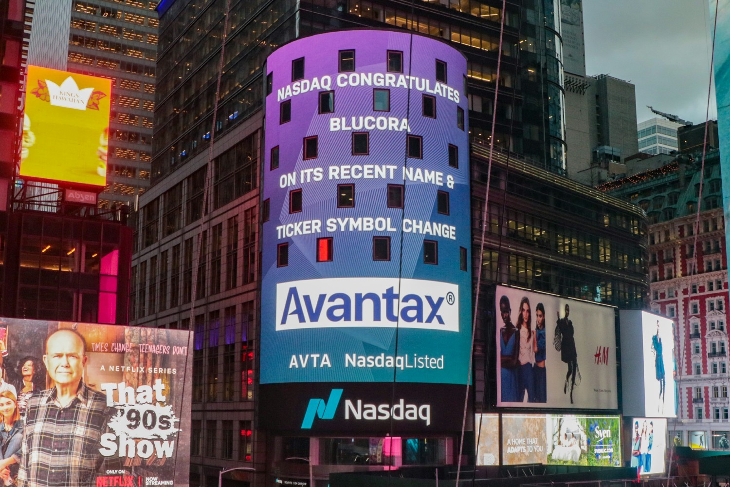 Blucora rebrands to Avantax, Inc. Nasdaq stock ticker change in Times Square