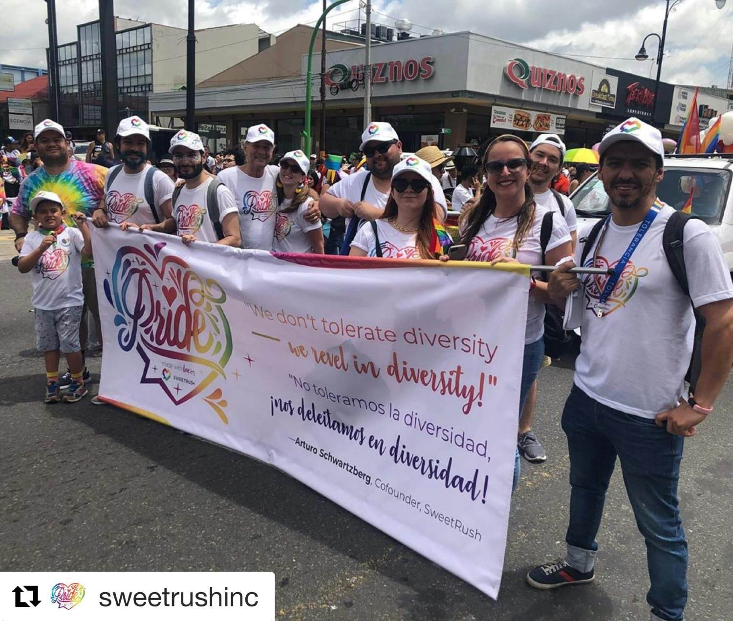 Leaders of SweetRush’s Partners in Pride ERG and teammates at the 2019 Costa Rica Pride pride. “We revel in diversity!”