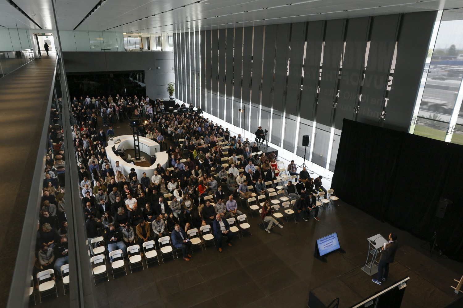 Overhead view of HQ lobby during All Associate Event 