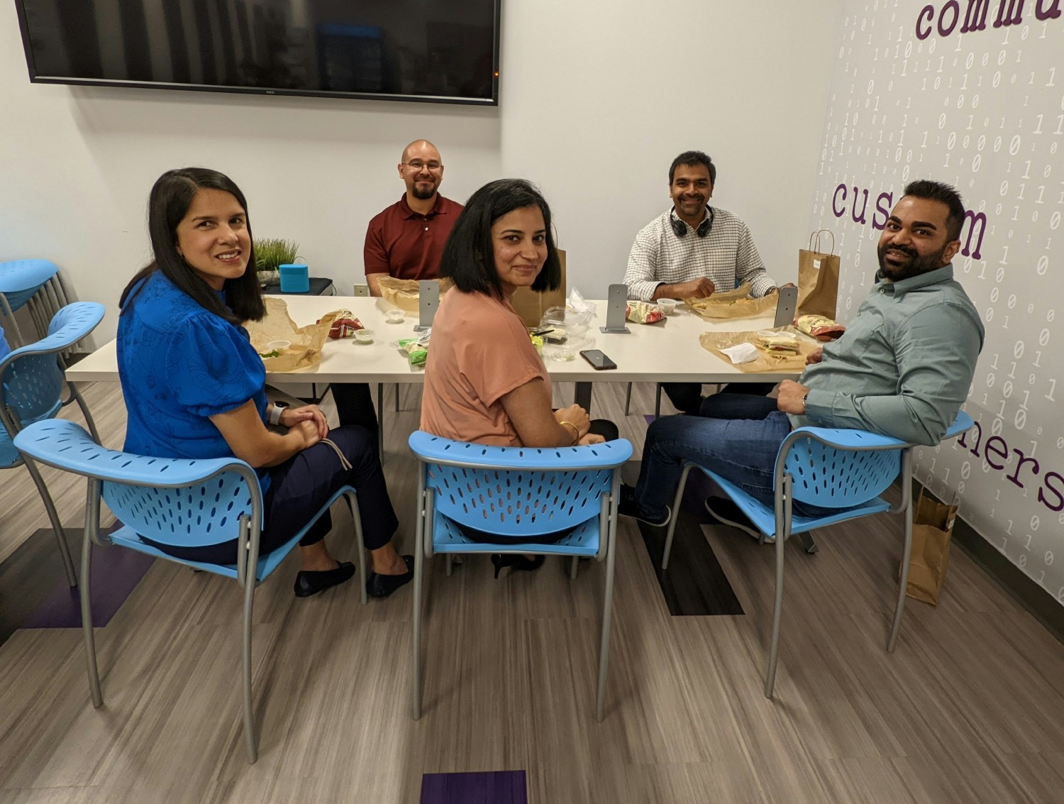 Employees taking a lunch break from a workshop focused on improving customer service.