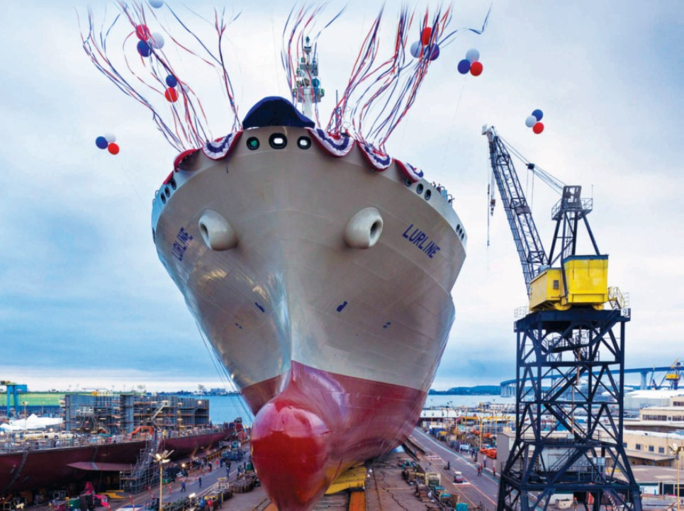 Amidst balloons and streamers, Matson’s vessel, the Lurline is launched into San Diego Bay.