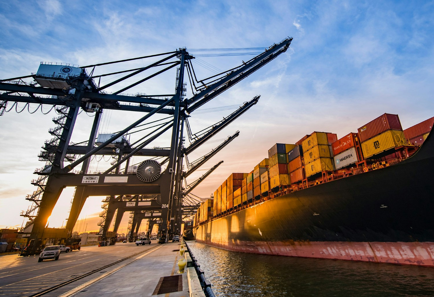 Sunset at our Bayport Terminal featuring our Ship-to-Shore cranes.