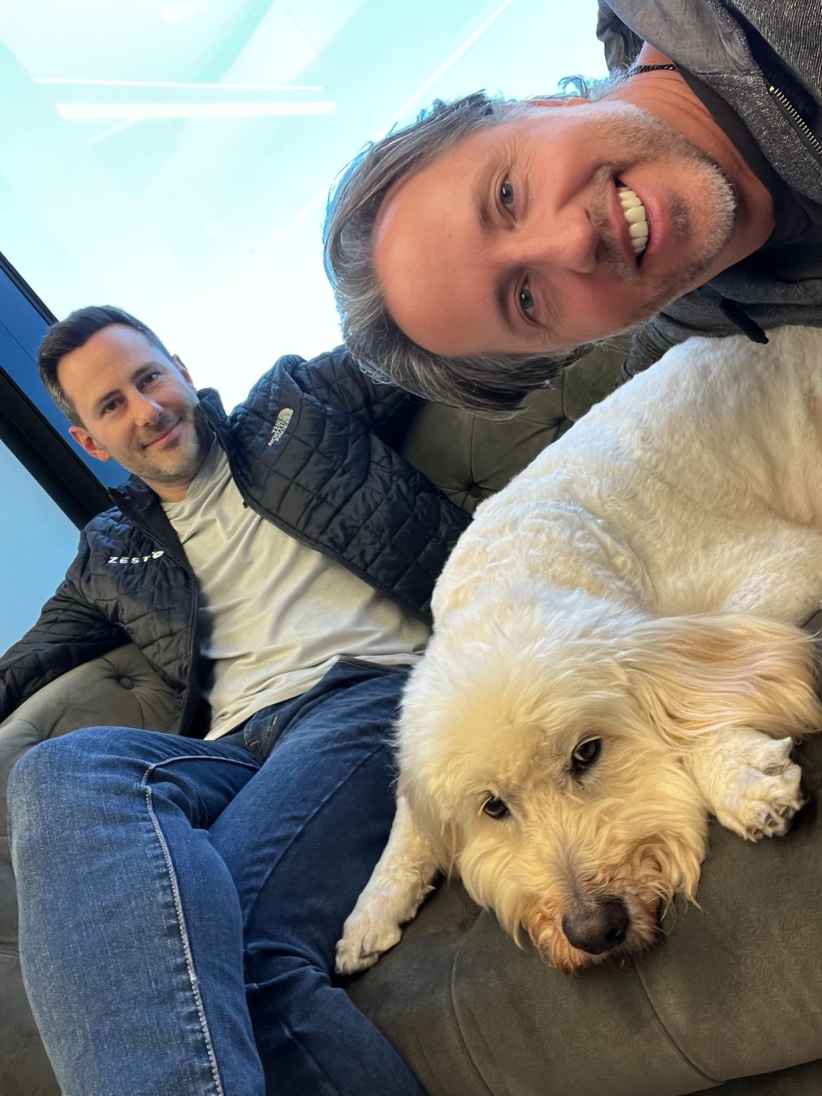 Fun visit to the Zest office with Mike de Vere, CEO and Dan Chiazza, COO.  Fur friends are ALWAYS welcome!
