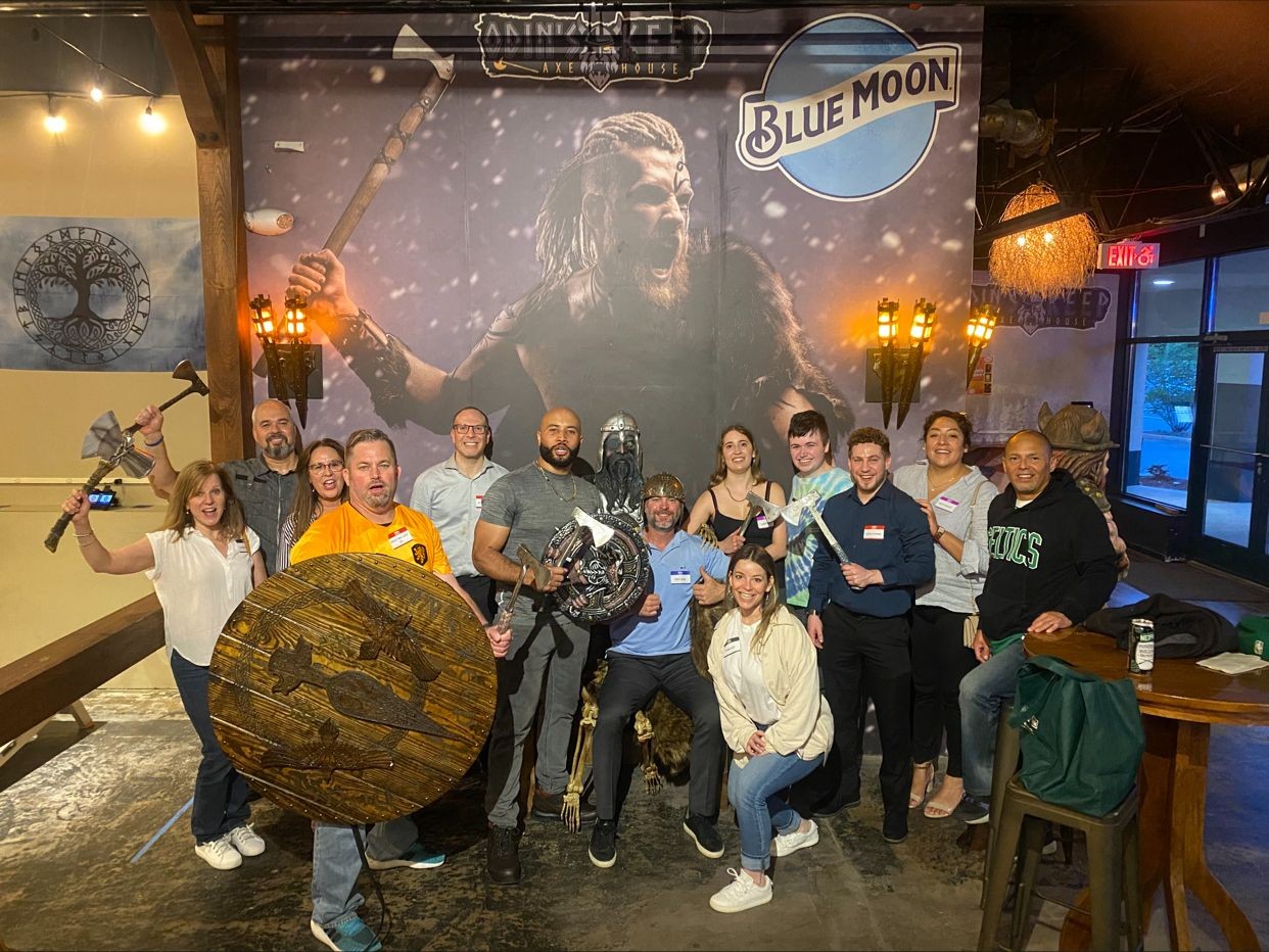 We enjoy having fun company events such as gathering together to go axe throwing at Odin’s Keep.