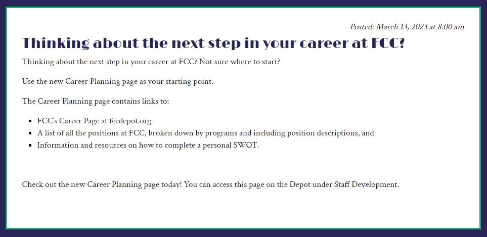 In a recent Depot post we let staff know we added career planning section that includes all job descriptions and a SWOT