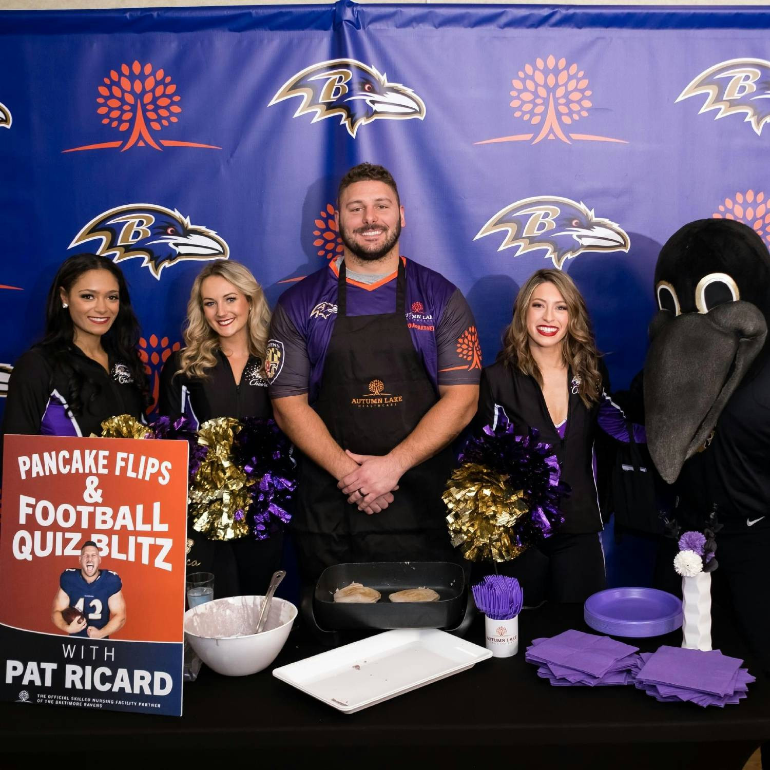 We partner with the Baltimore Ravens where players, cheerleaders and the mascot visit staff at facilities for fun events