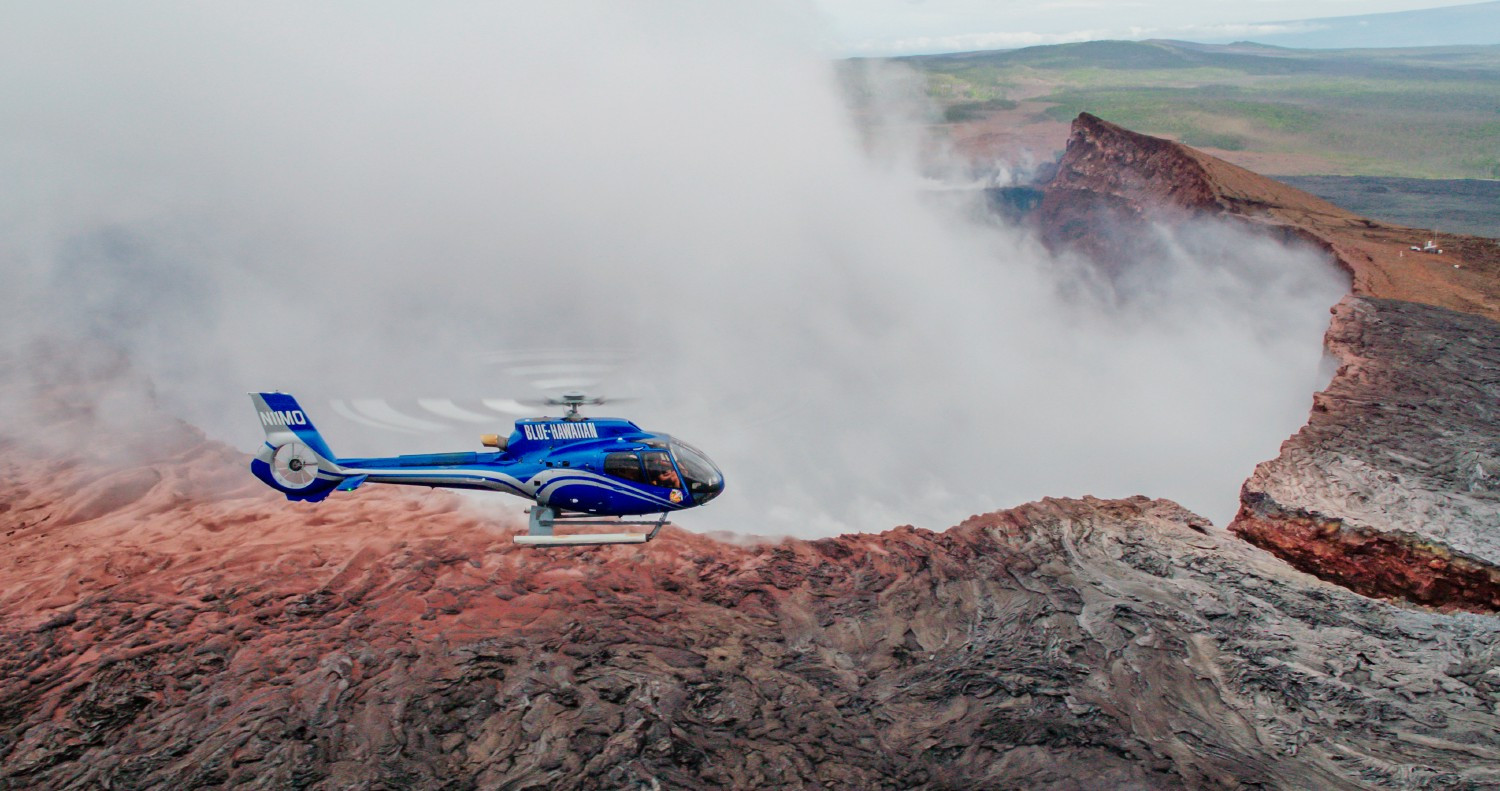 One of our helicopters in action on a breathtaking tour over Hawaii Island's Volcanoes