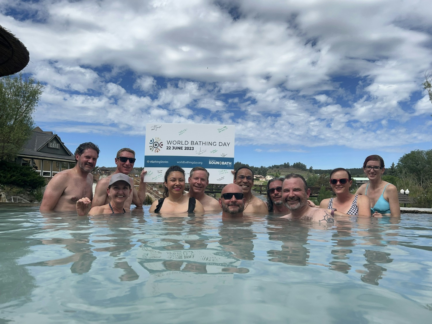 Leadership Team taking a moment to soak in the hot springs during World Bathing Day 22 June 2023