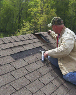 Crew repairing roof